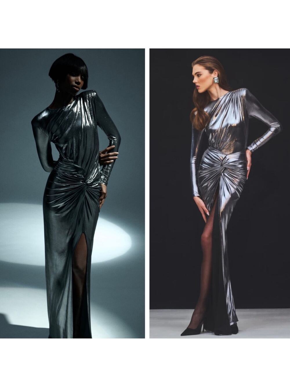 RETROFETE Fenella Long Sleeve Ruched Twist Metallic Gunmetal Maxi Dress Size S